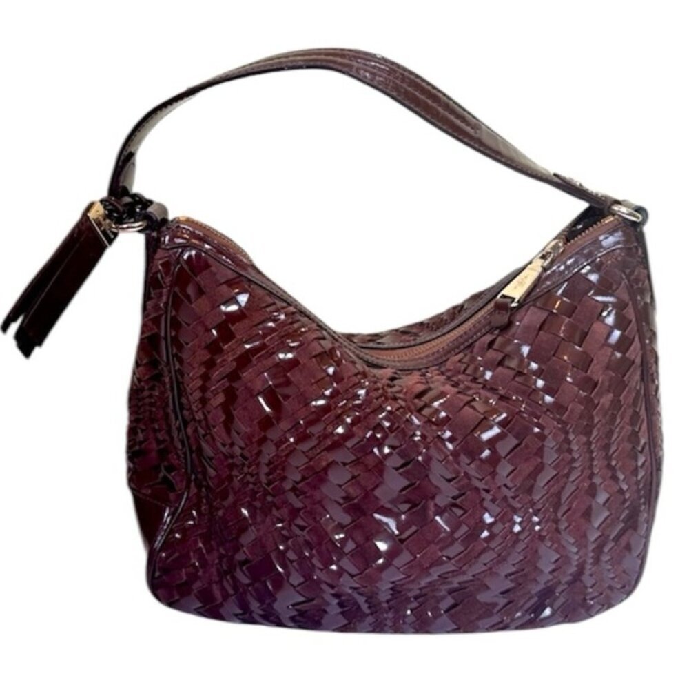 Cole Haan Genevieve Woven Leather Boho Shoulder Bag Chic Tote Satchel Logo Fob